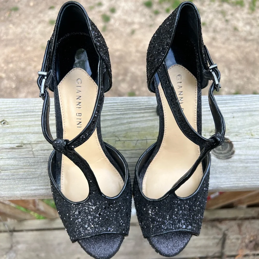 GIANNI BINI Open Toe Black Platform Sparkle Glitter Heels Women’s 7.5